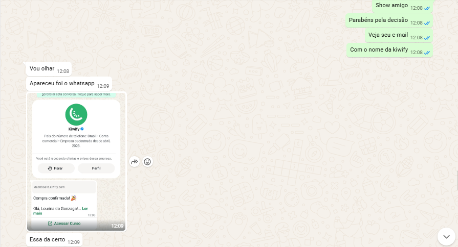 Conversa real de WhatsApp: Compra concluída e acesso recebido