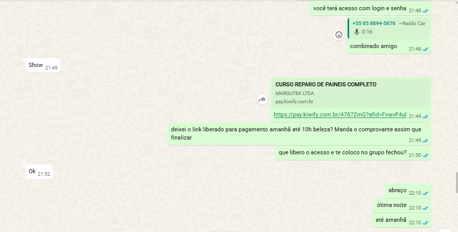 Conversa real de WhatsApp: A conversa avançou para o pagamento